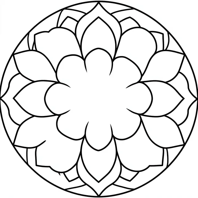 Black and white bold line art mandala with wide rounded petals on a plain white background