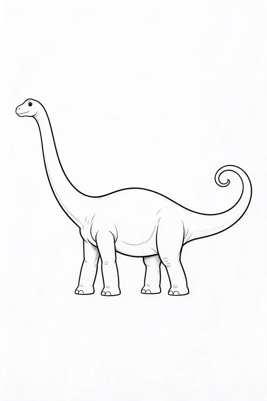 Clean black line drawing of a long-necked sauropod dinosaur with a curled tail on plain white paper