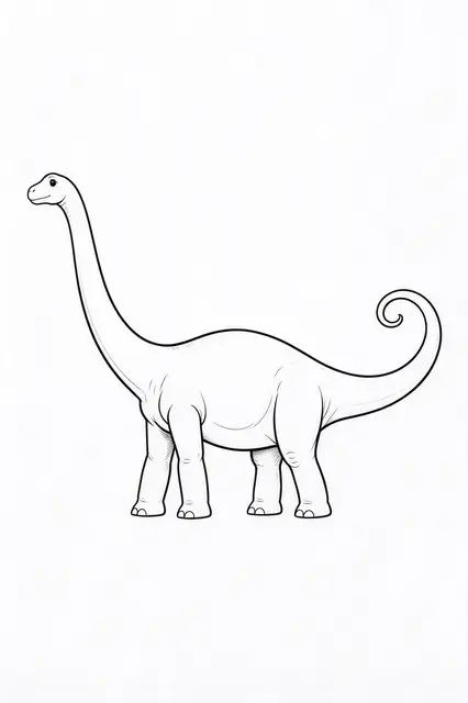 Clean black line drawing of a long-necked sauropod dinosaur with a curled tail on plain white paper