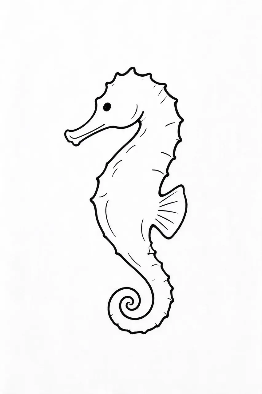 Clean black line art of a seahorse with a coiled tail on plain white paper