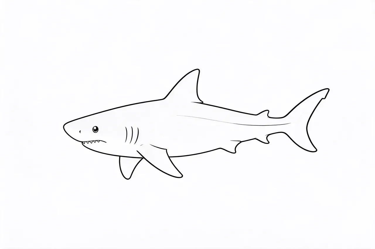 Minimalist black line drawing of a swimming shark on a plain white background