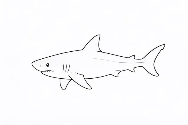 Minimalist black line drawing of a swimming shark on a plain white background