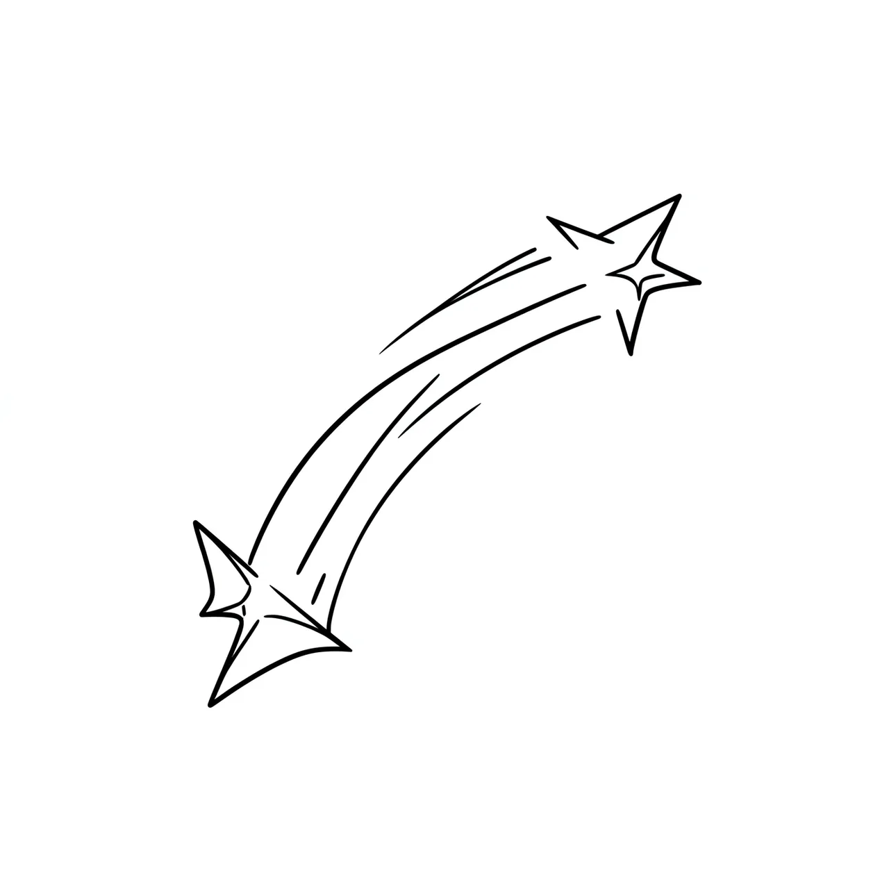 Minimal black line art of a shooting star with a curved trail on a plain white background