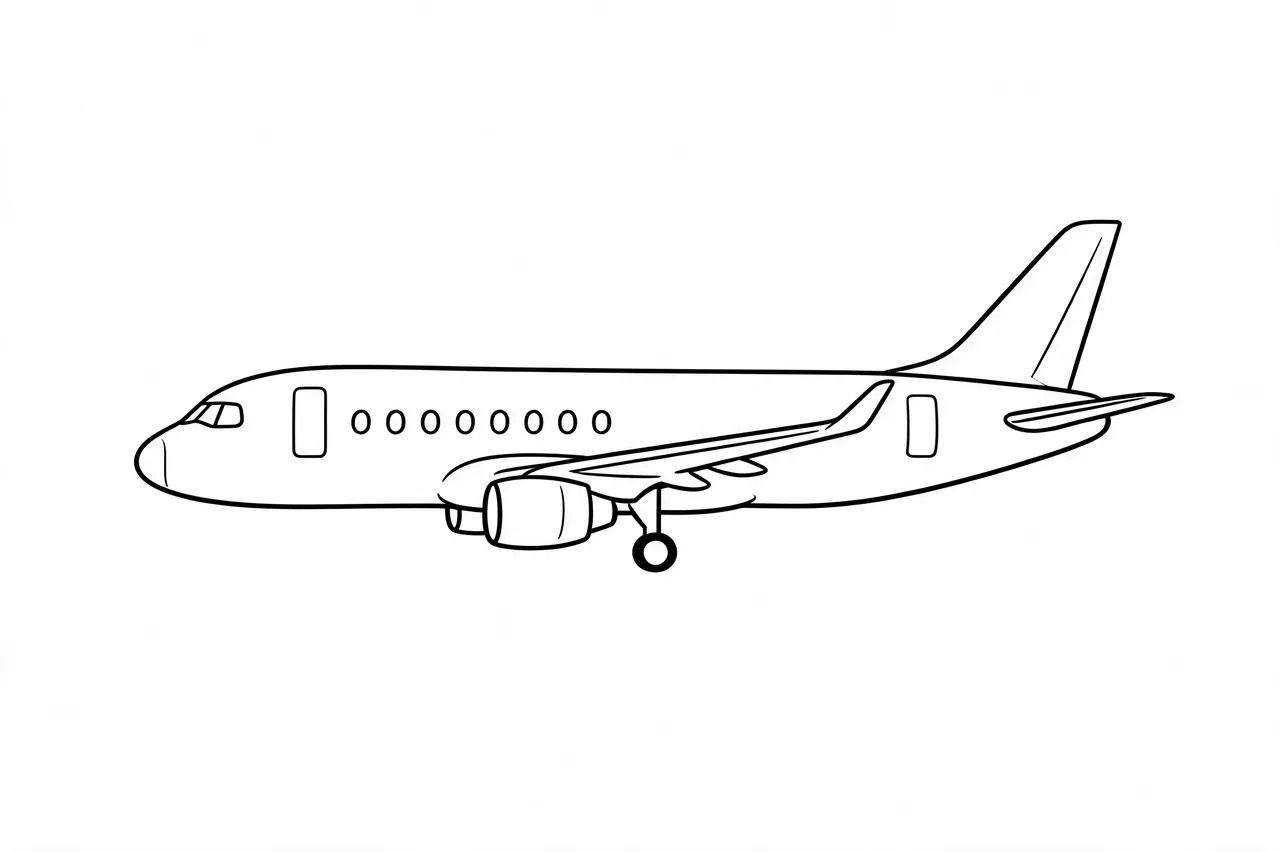 Clean black outline side view of a jet airliner on plain white background