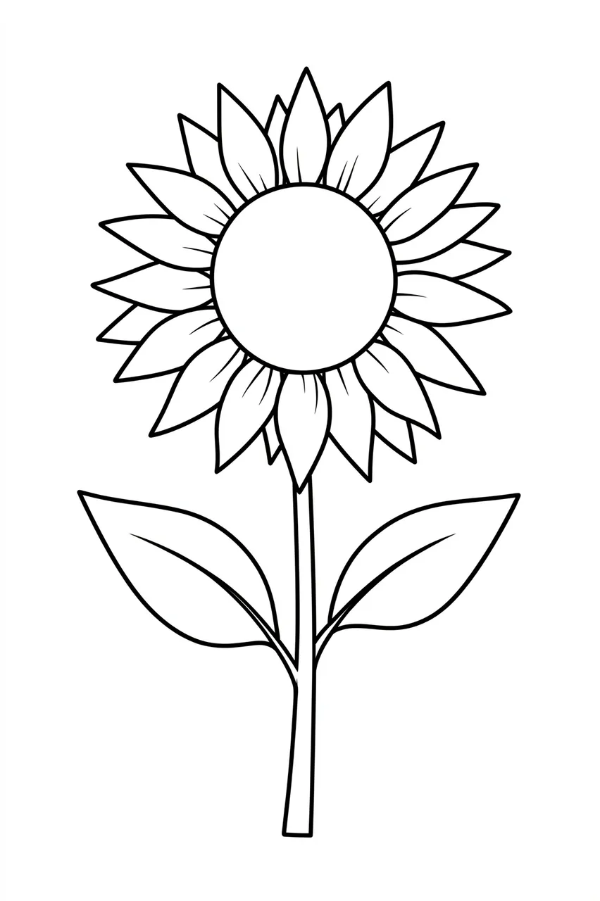 Clean black line drawing of a sunflower with a round center, pointed petals and two leaves on a white background