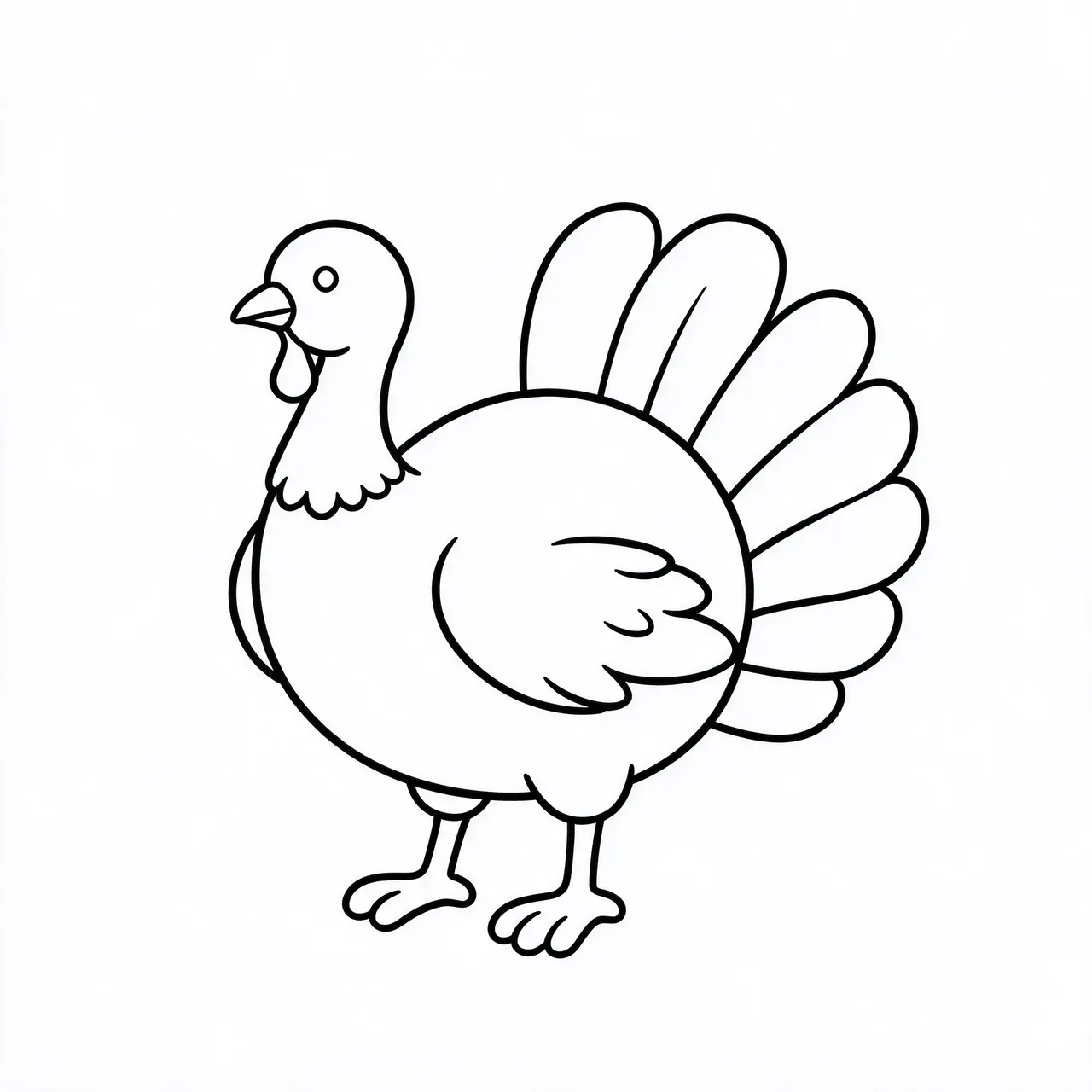 Minimal black line drawing of a cartoon turkey with fanned tail feathers on a plain white background