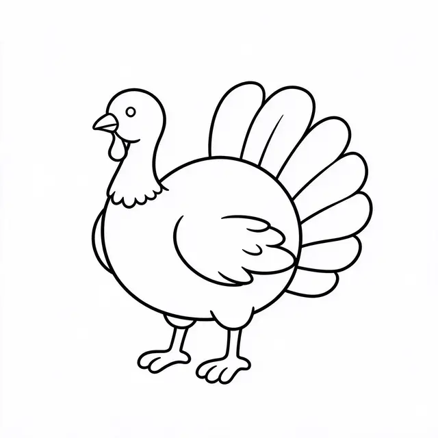 Minimal black line drawing of a cartoon turkey with fanned tail feathers on a plain white background