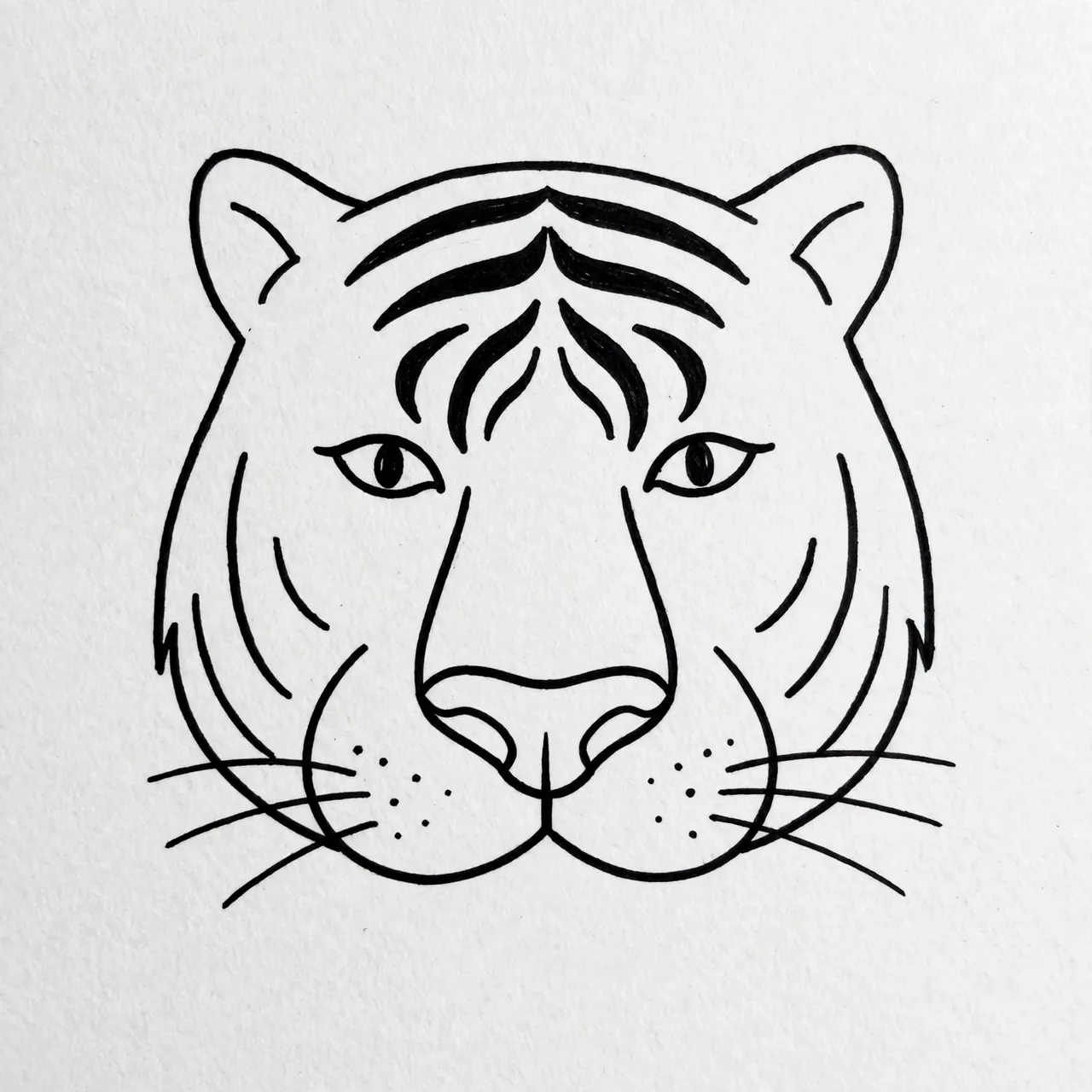 Minimalist black line drawing of a tiger face on textured white paper