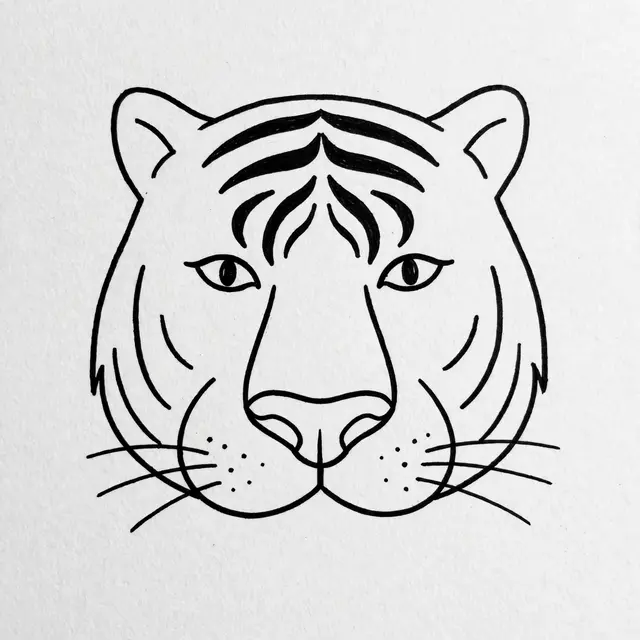 Minimalist black line drawing of a tiger face on textured white paper