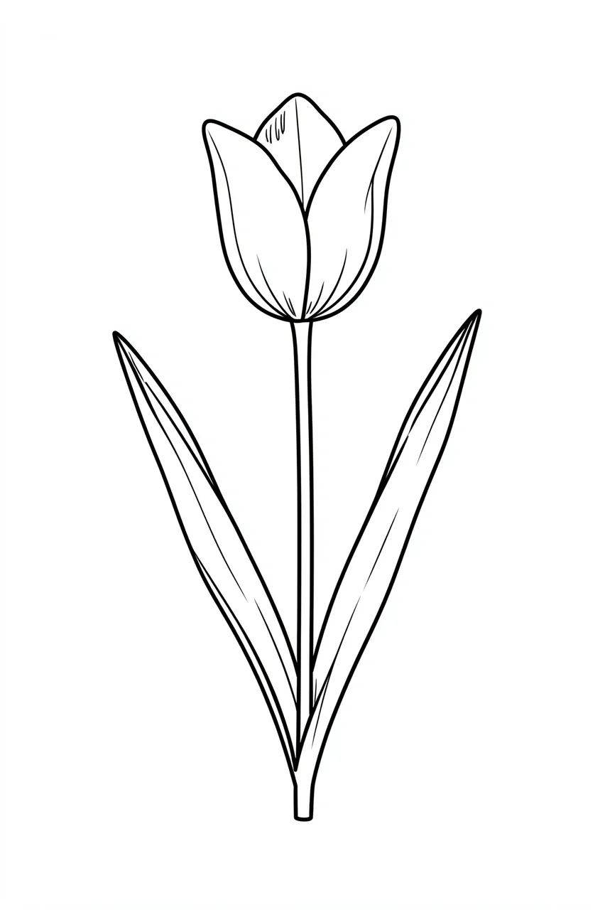 Minimal black line drawing of a cup-shaped tulip bloom with two long leaves on a plain white background