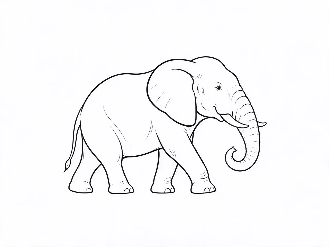 Clean black line art of a walking elephant with a curled trunk and large ear on a plain white background