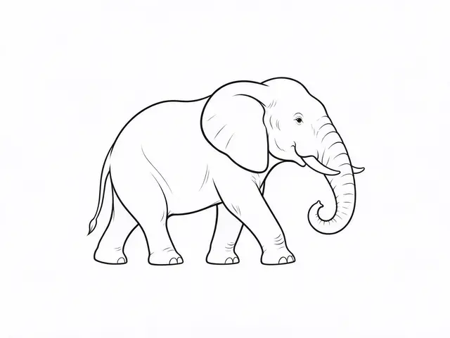 Clean black line art of a walking elephant with a curled trunk and large ear on a plain white background