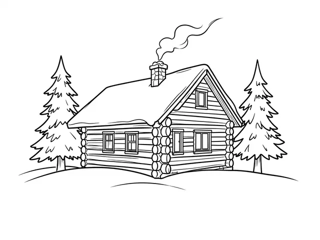 Minimal black line art of a snowy log cabin with a smoking chimney flanked by two pine trees on white paper