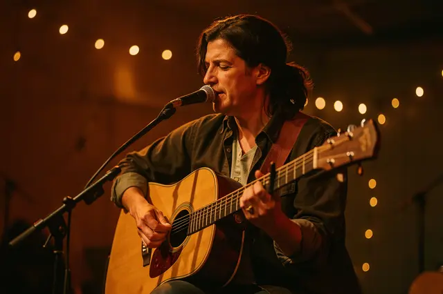 A male musician sings into a microphone while playing an acoustic guitar on a warmly lit stage with string lights.