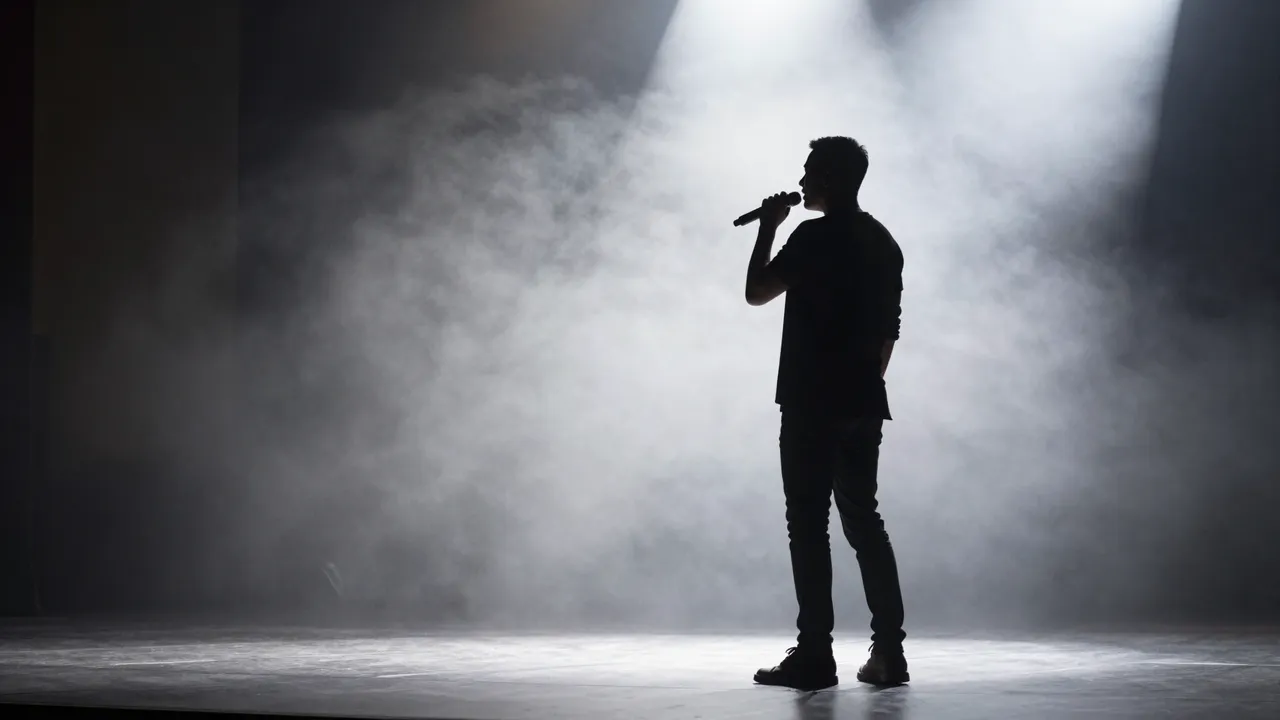Dark silhouette of a singer holding a microphone under bright spotlights on a hazy empty stage
