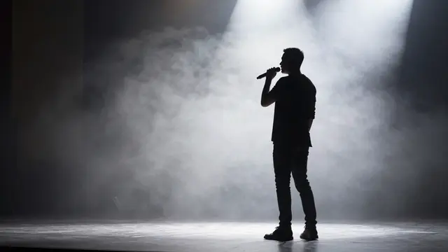 Dark silhouette of a singer holding a microphone under bright spotlights on a hazy empty stage