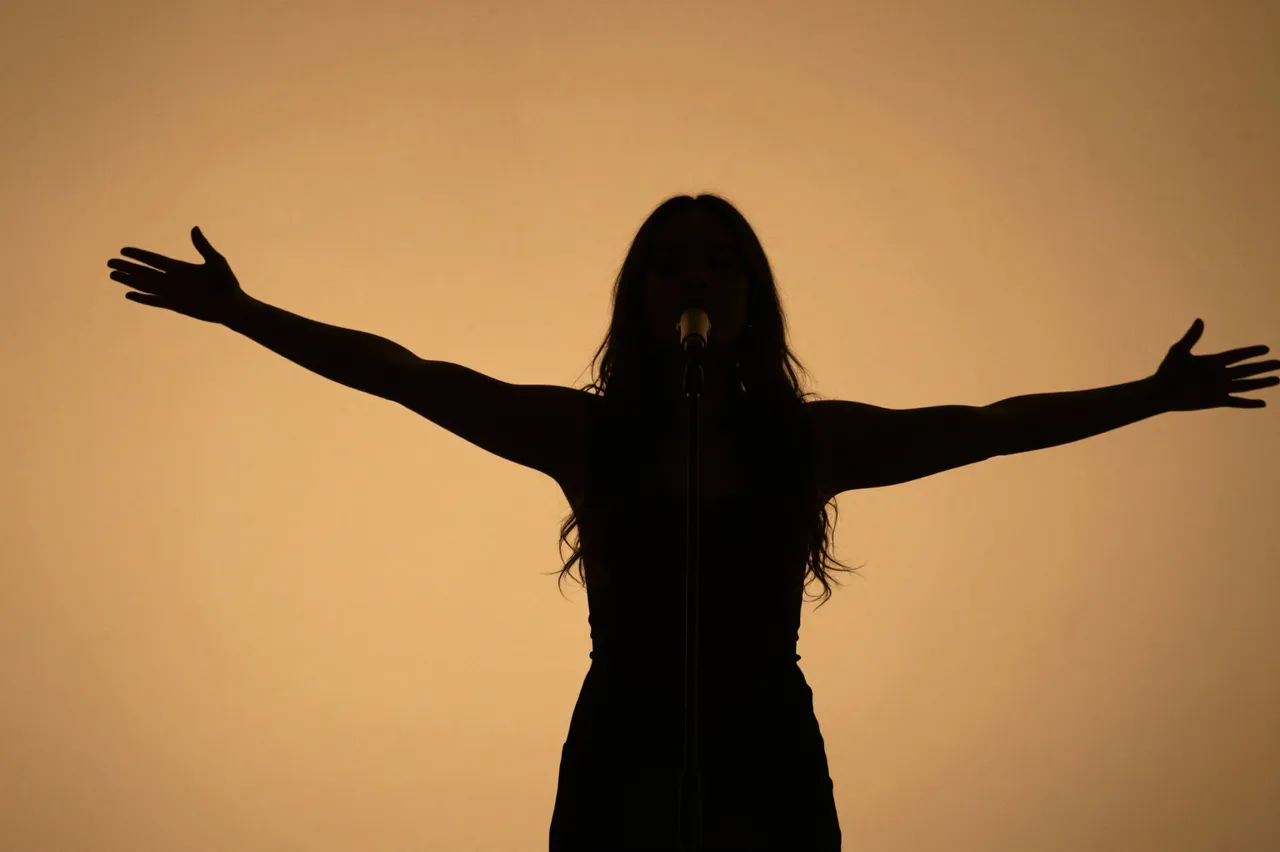 Dark silhouette of a singer with arms outstretched in front of a microphone against warm amber lighting