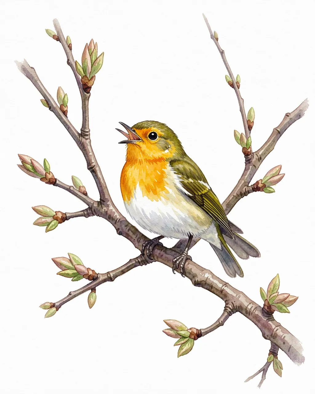 Watercolor illustration of a small songbird with an open beak perched on a branch with fresh spring buds.