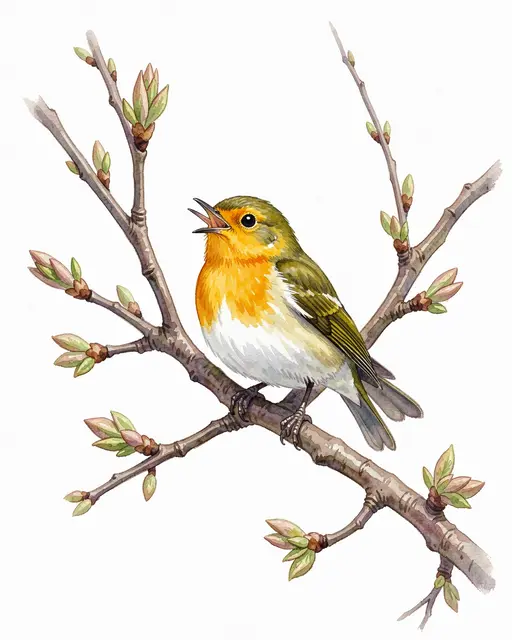 Watercolor illustration of a small songbird with an open beak perched on a branch with fresh spring buds.