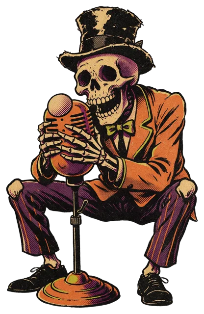 Vintage horror comic style skeleton in a top hat leans into a retro stand microphone as if singing