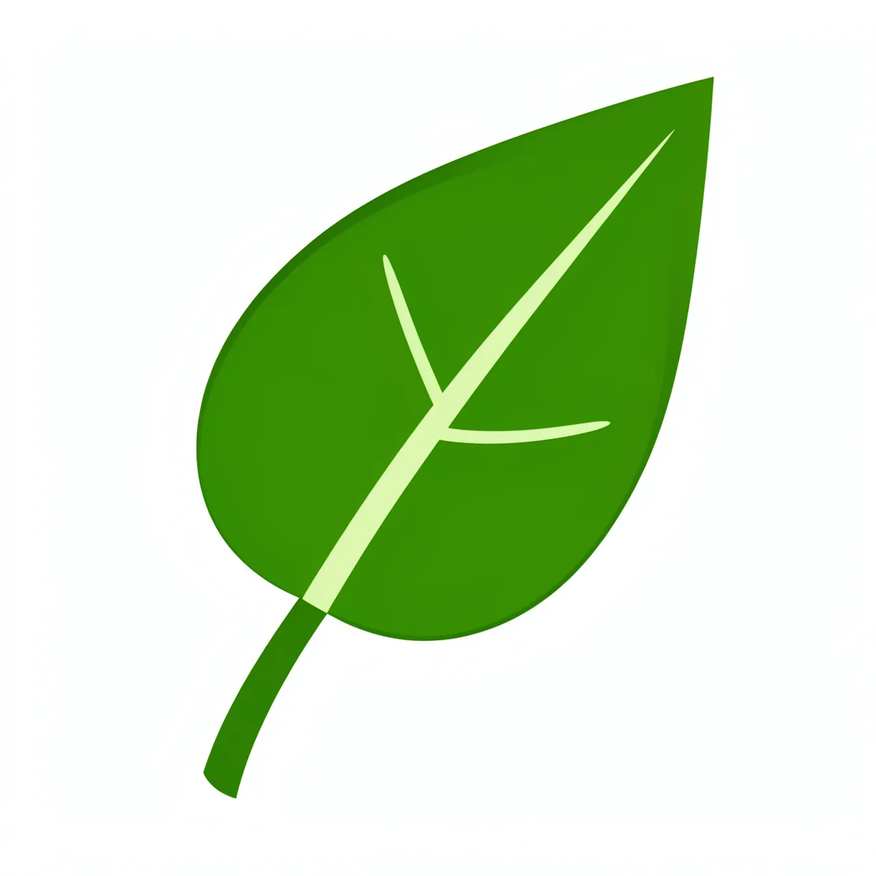 A flat clipart illustration of a single green leaf with pale vein and curved stem isolated on white