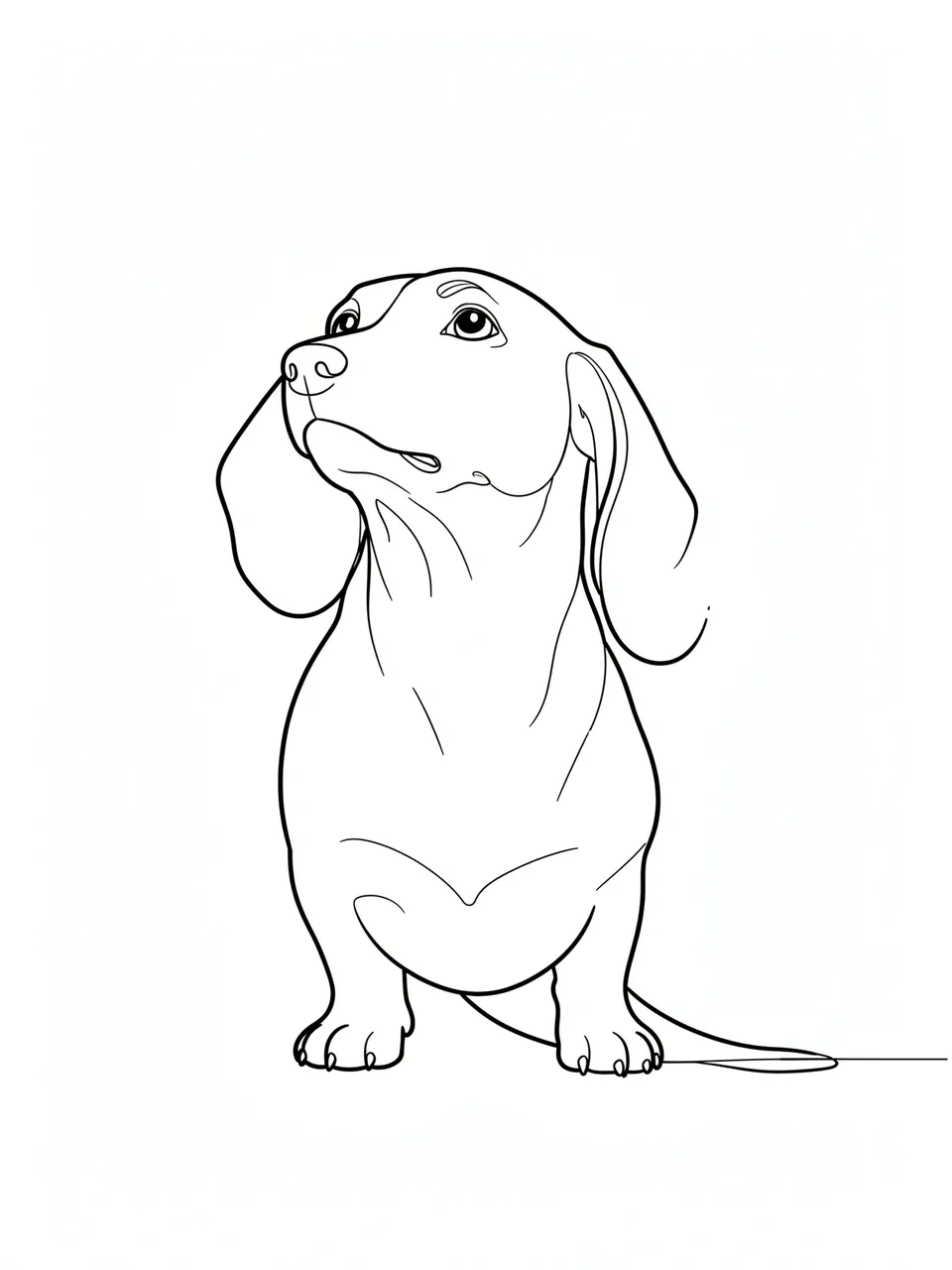 A minimalist continuous line drawing of a dachshund looking upward against a plain white background