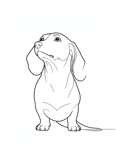 A minimalist continuous line drawing of a dachshund looking upward against a plain white background