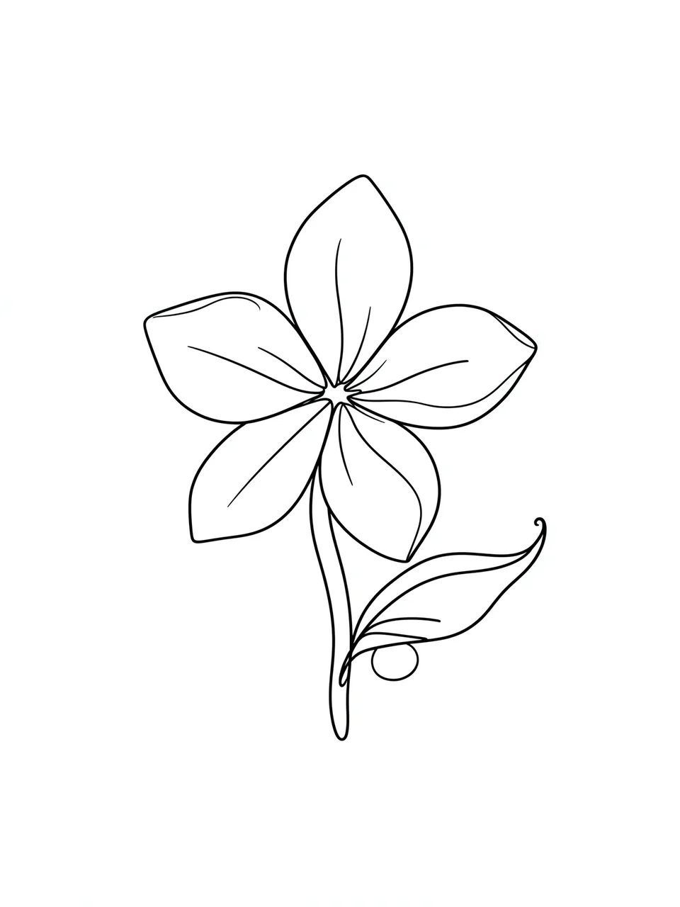 Minimal continuous line drawing of a five-petal flower with a curling leaf on a plain white background
