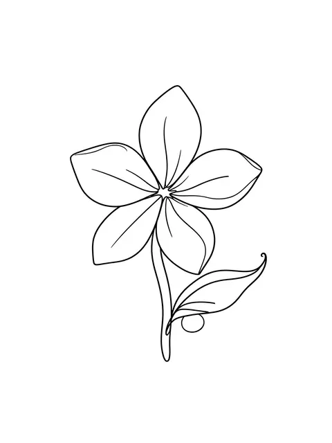 Minimal continuous line drawing of a five-petal flower with a curling leaf on a plain white background