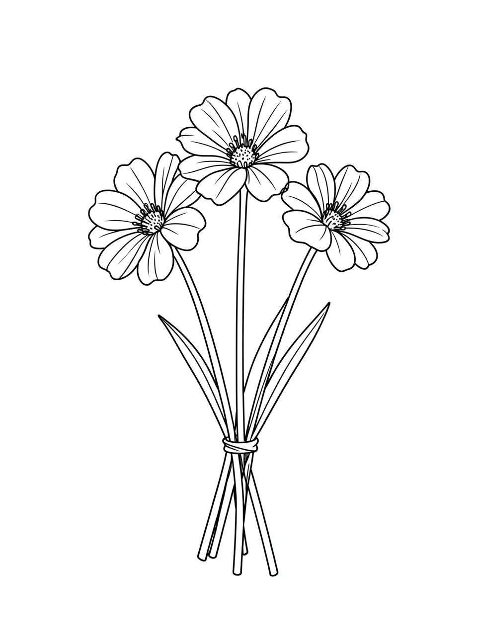 Continuous line drawing of a small tied bouquet of three long-stemmed flowers on a plain white background