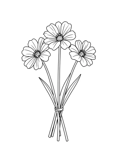 Continuous line drawing of a small tied bouquet of three long-stemmed flowers on a plain white background
