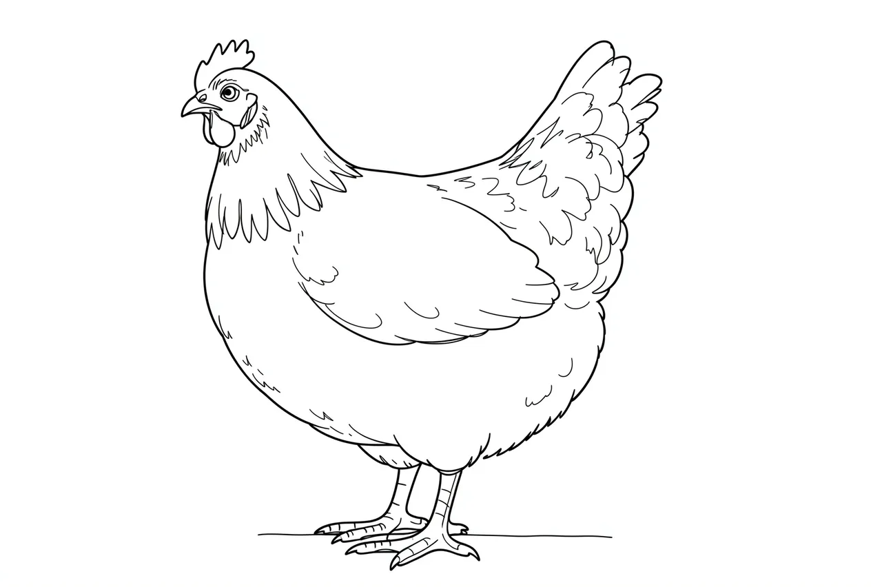 Continuous black line drawing of a plump standing hen on a plain white background