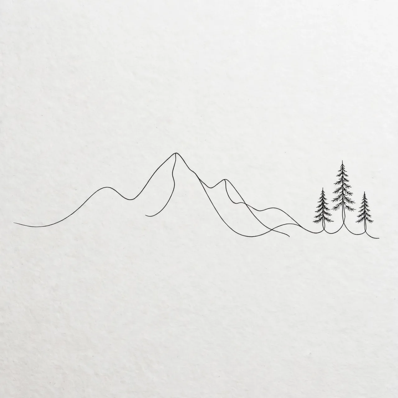 Minimalist one-line black ink drawing of a mountain range ending in three small pine trees on textured white paper