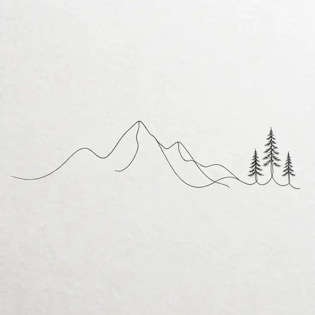 Minimalist one-line black ink drawing of a mountain range ending in three small pine trees on textured white paper