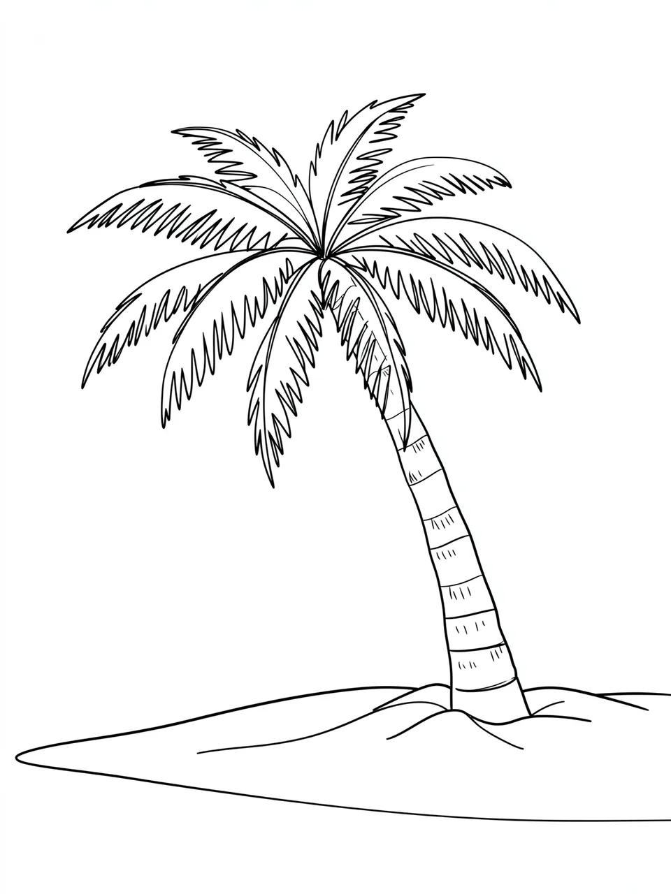 Continuous line art of a leaning palm tree growing from a sand mound on a plain white background