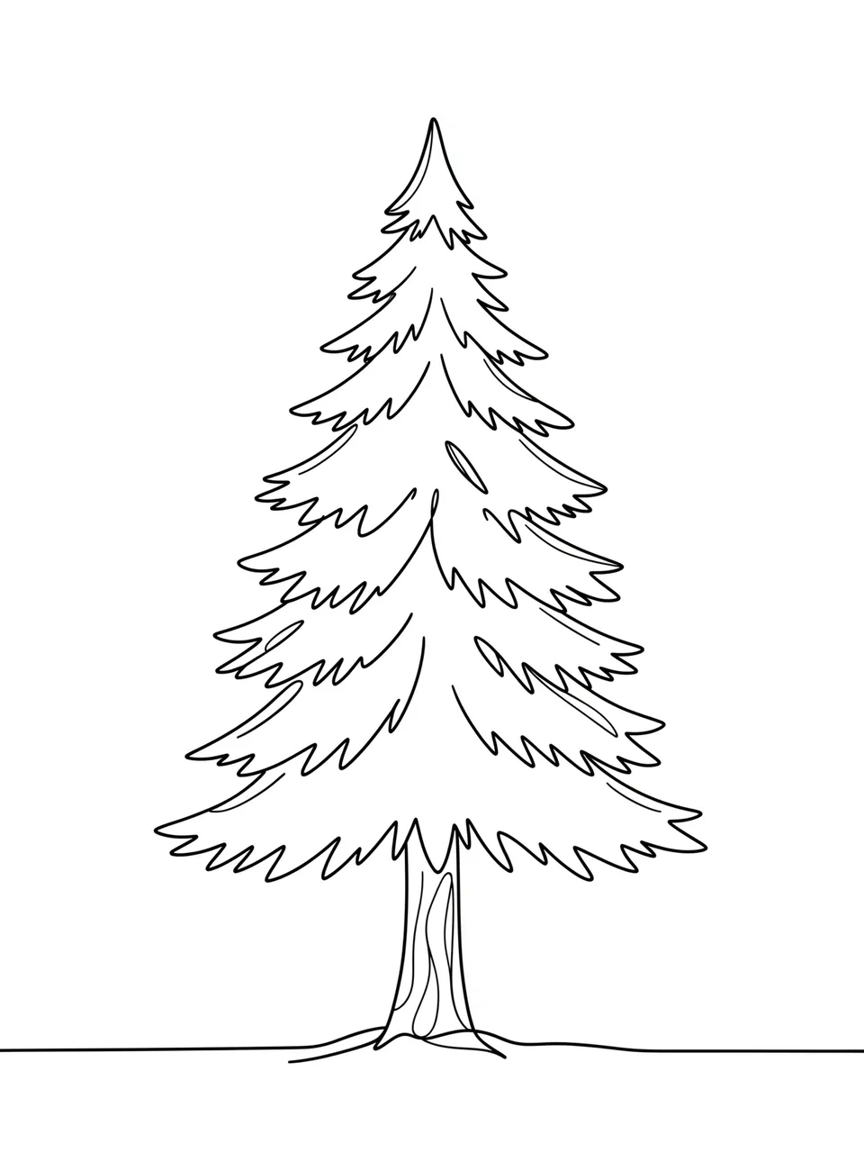 Minimal continuous black line drawing of a pine tree centered on a plain white background