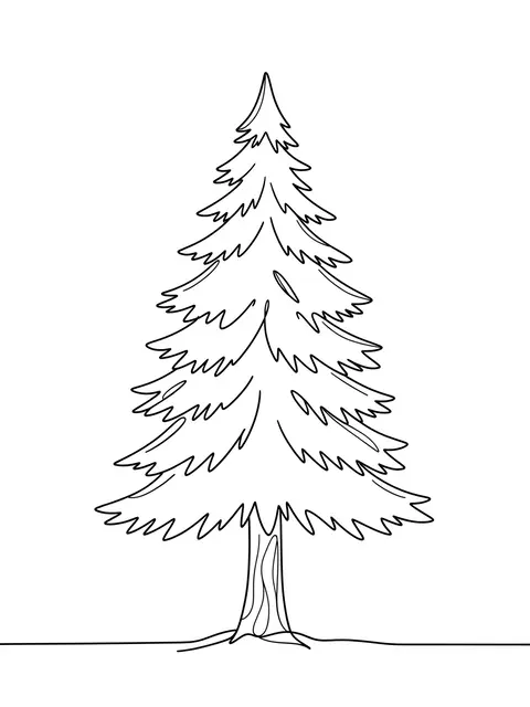 Minimal continuous black line drawing of a pine tree centered on a plain white background