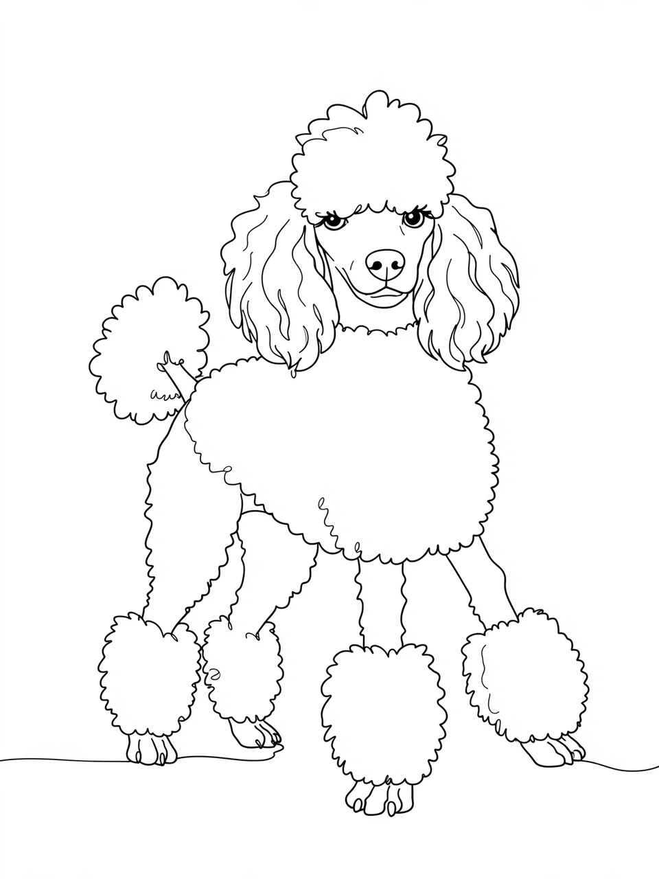 Continuous line drawing of a standing groomed poodle with a pom-pom tail on a plain white background