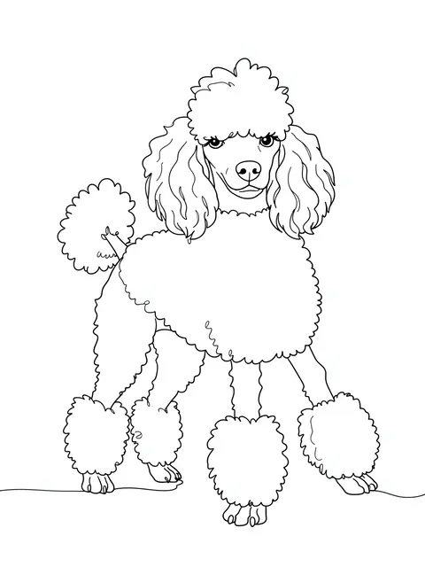 Continuous line drawing of a standing groomed poodle with a pom-pom tail on a plain white background