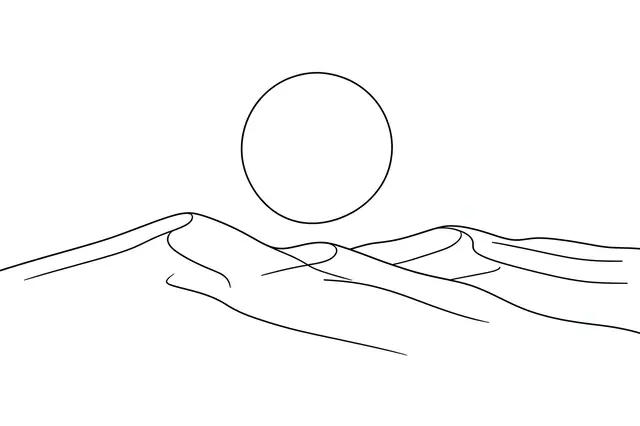 Minimal continuous line drawing of desert sand dunes below a round sun on a plain white background
