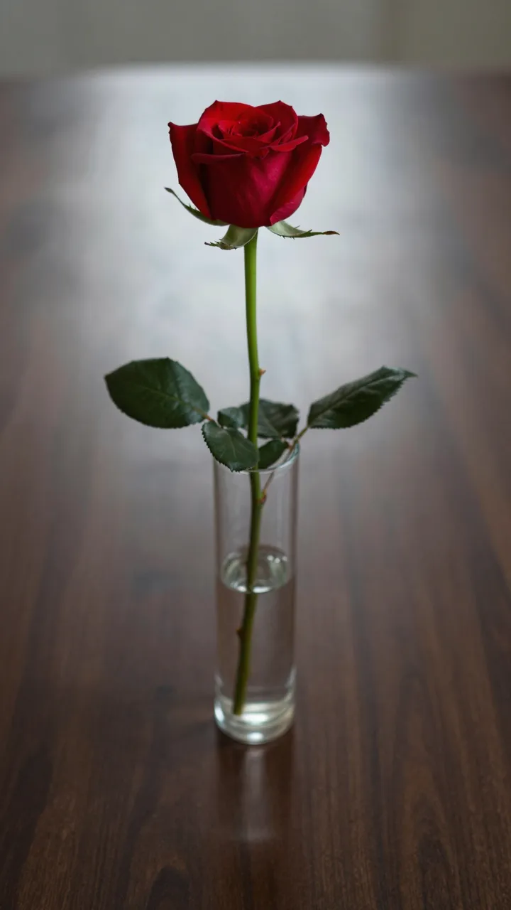 A single red rose stands in a slim clear glass vase on a dark wooden table with soft low-key lighting.