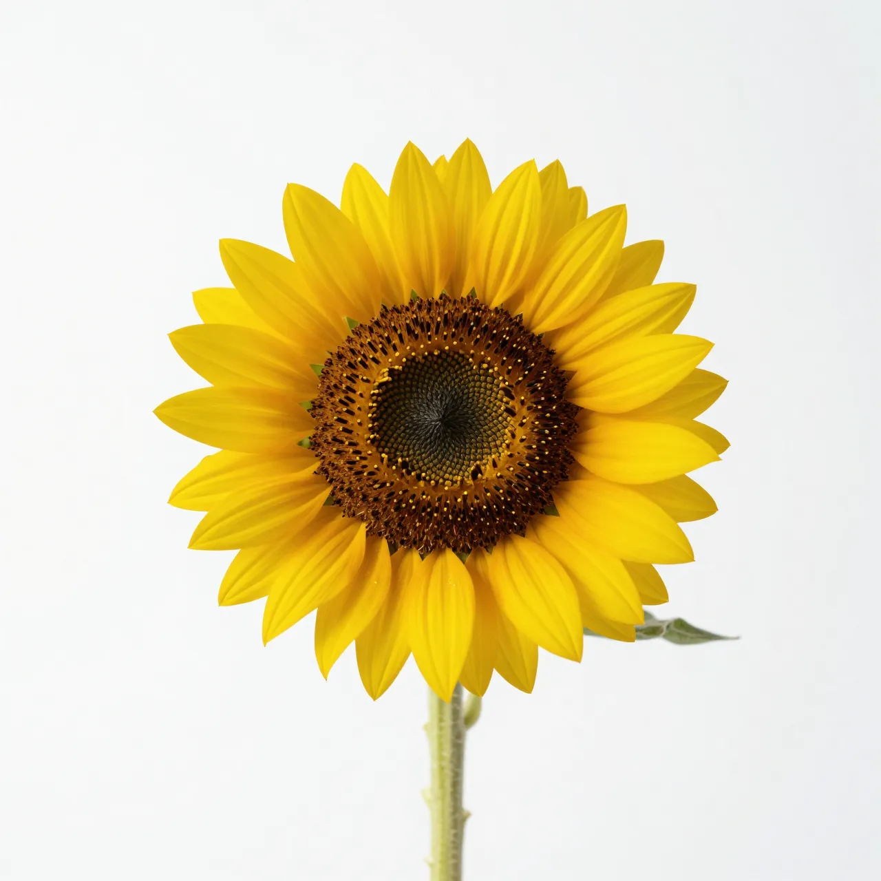 A single bright yellow sunflower head with a short stem centered against a plain pure white studio background