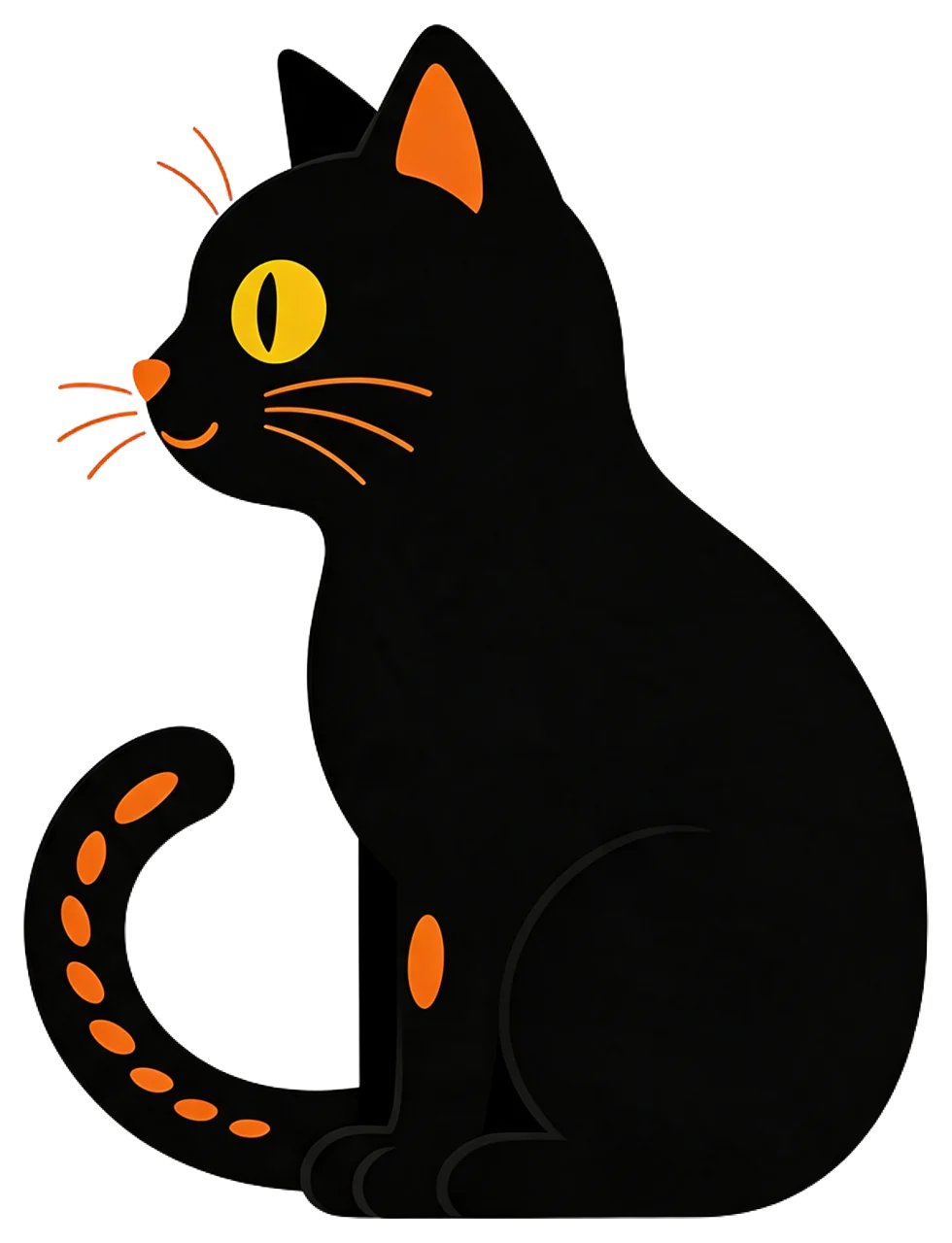 Side view illustration of a sitting black cat with curled tail, yellow eyes and orange details