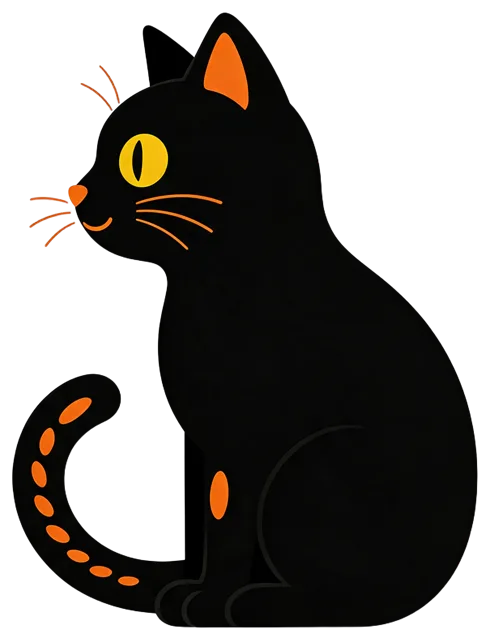 Side view illustration of a sitting black cat with curled tail, yellow eyes and orange details
