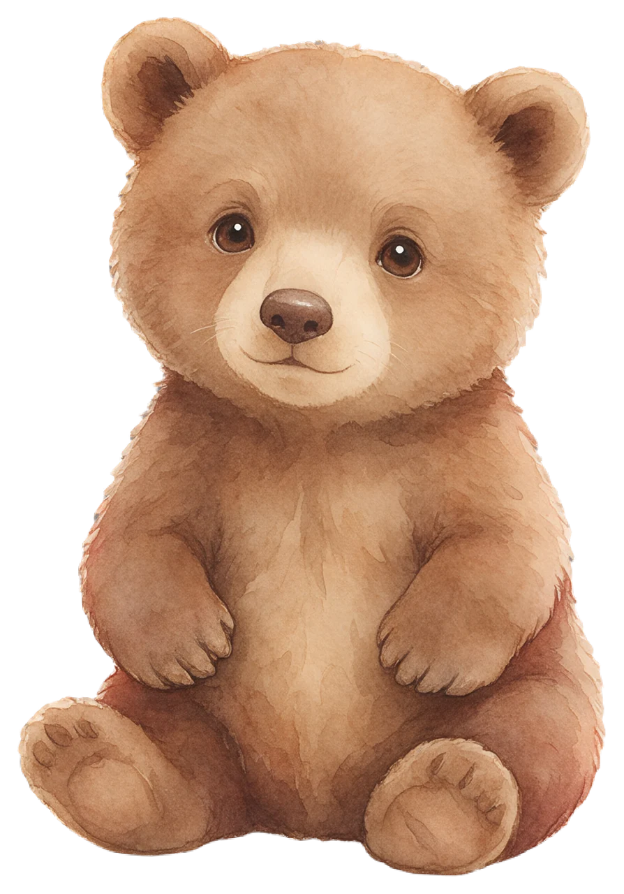Soft watercolour illustration of a friendly sitting brown bear cub facing forward
