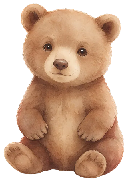 Soft watercolour illustration of a friendly sitting brown bear cub facing forward