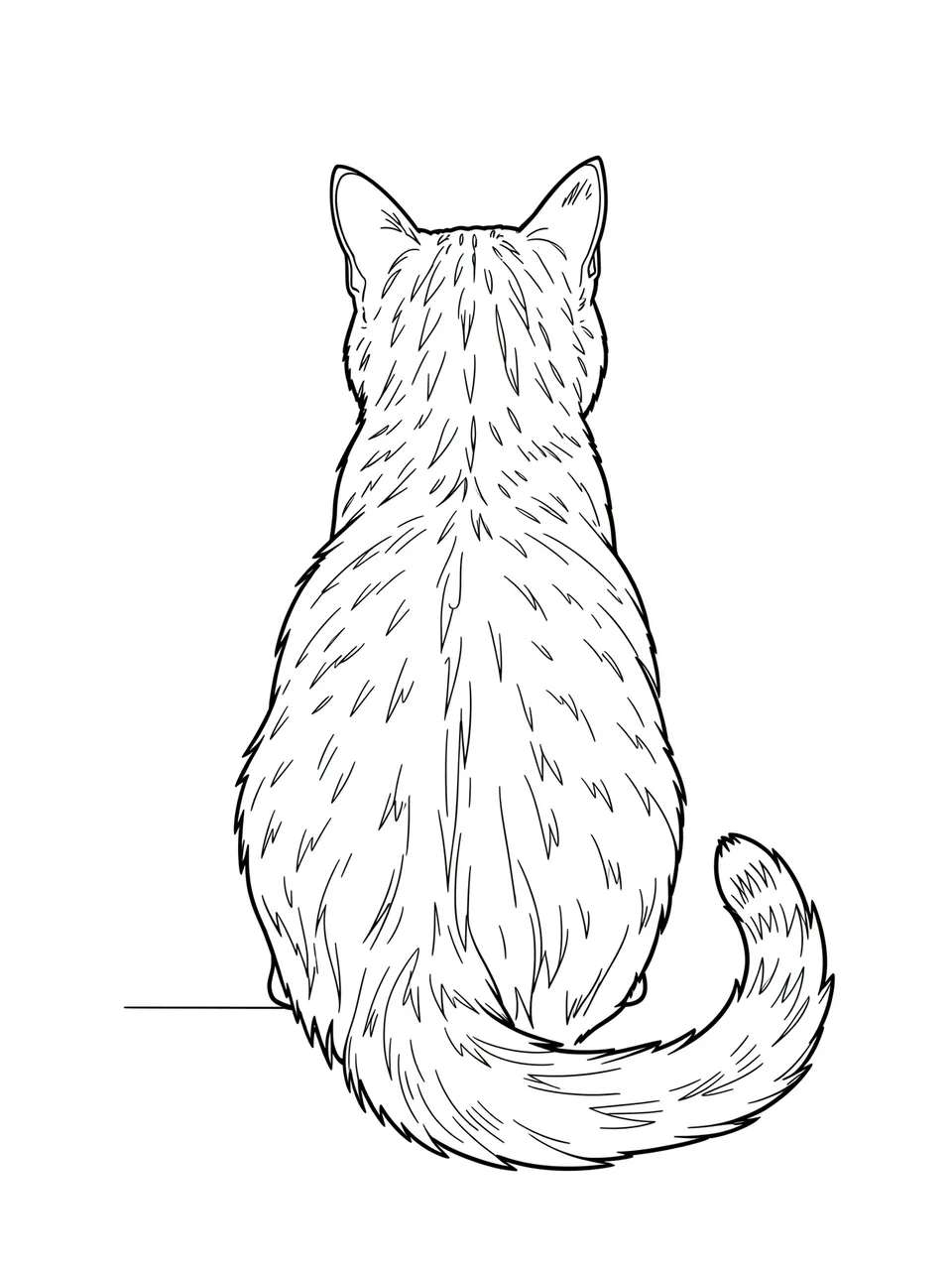 Black line drawing of a sitting cat viewed from behind with a curled tail on a plain white background
