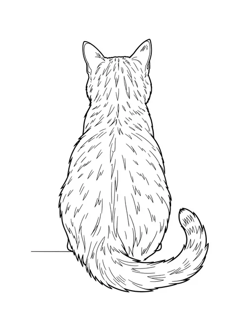 Black line drawing of a sitting cat viewed from behind with a curled tail on a plain white background