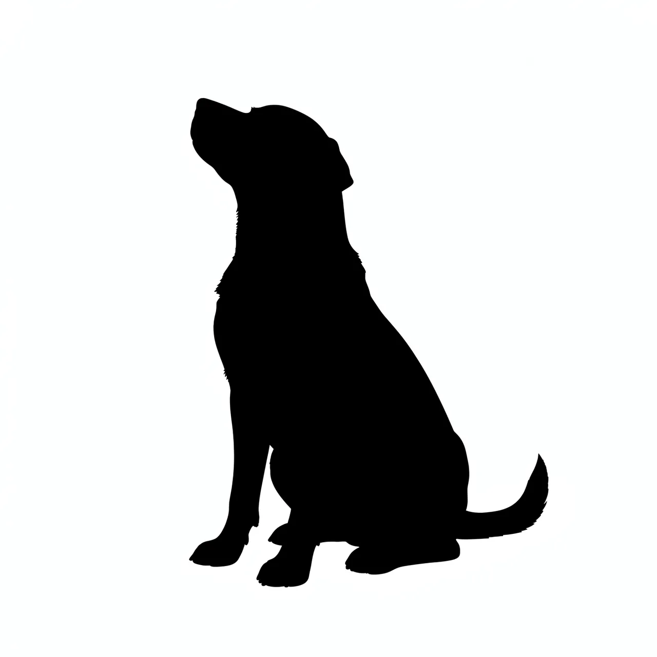 Solid black silhouette of a sitting dog looking upward against a plain white background