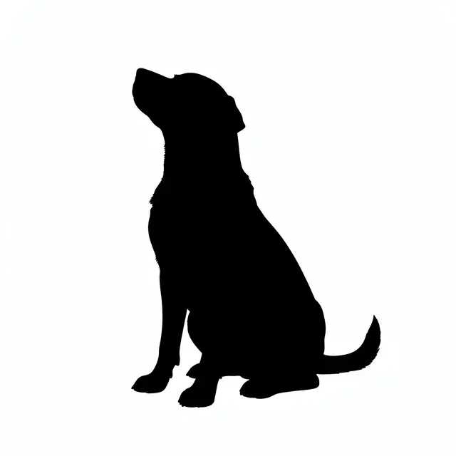 Solid black silhouette of a sitting dog looking upward against a plain white background